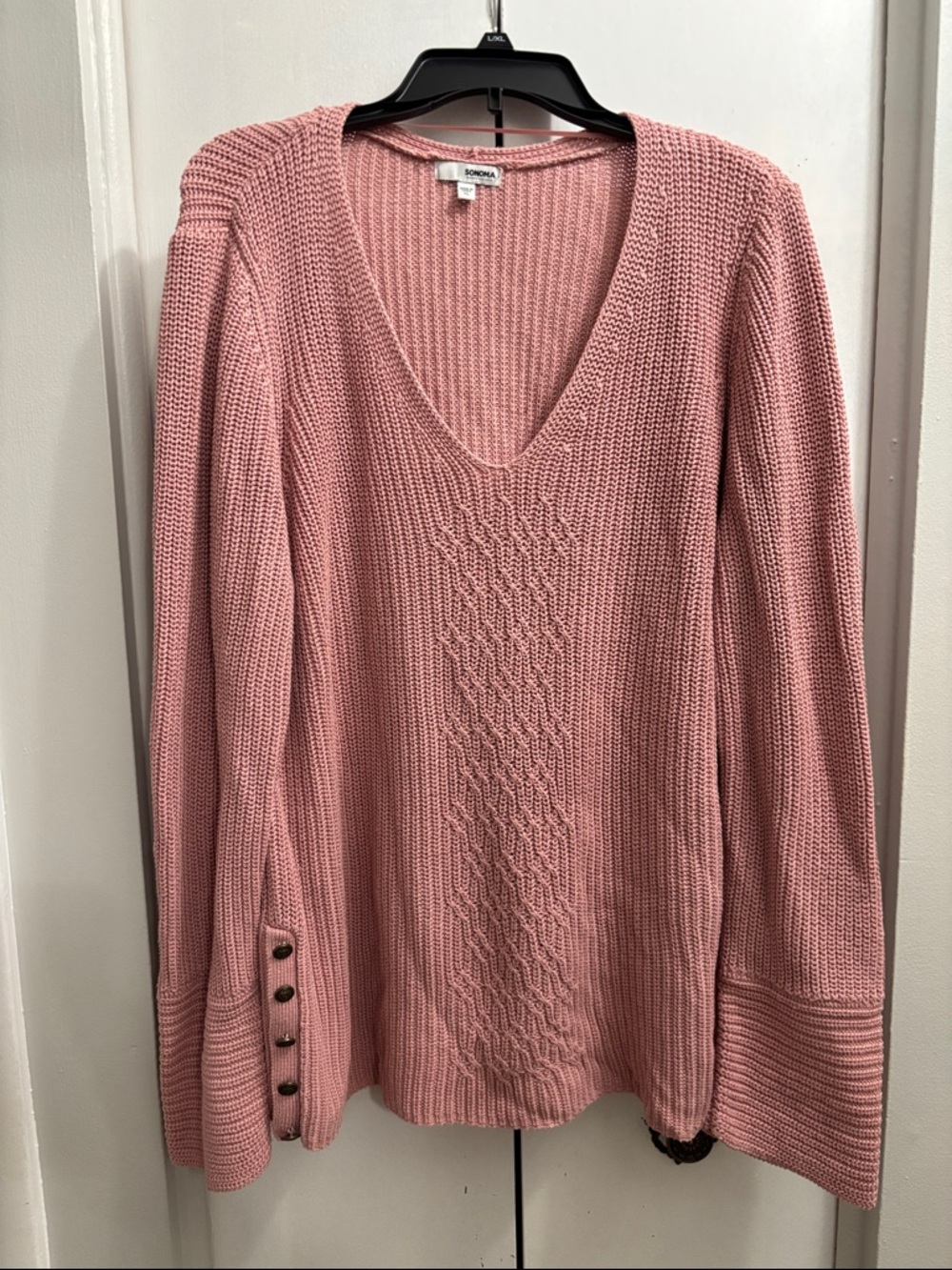 Sonoma dusty rose V-neck cable pullover sweater with buttons on the sides.